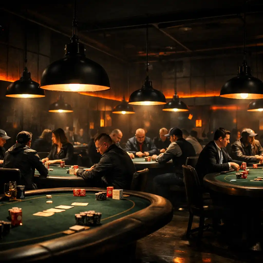 Dark industrial card lounge with poker tables illuminated by pendant lights