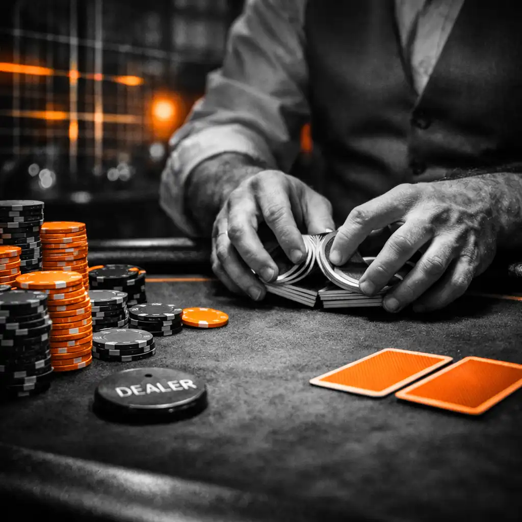 Wide view of the card lounge at Slate and Willoow with multiple empty poker tables and industrial lighting