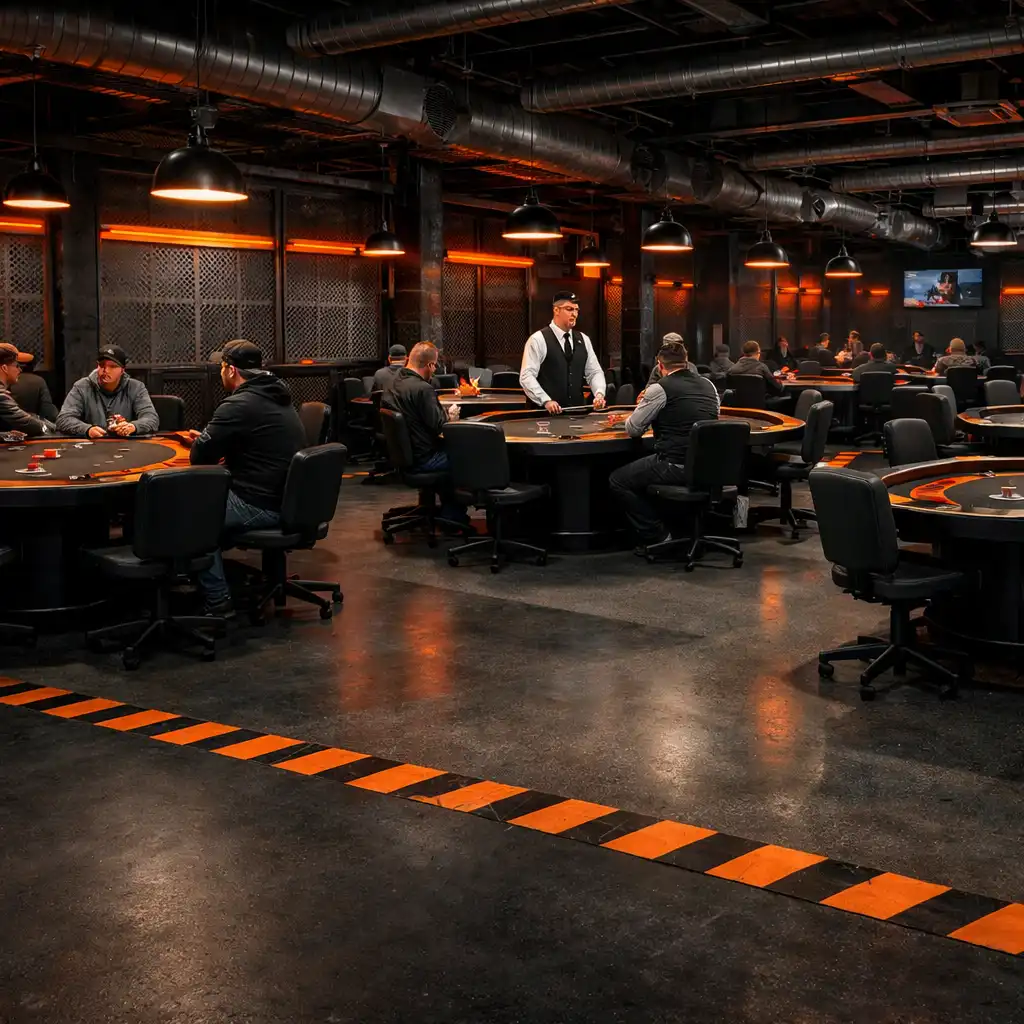 Wide corner view of the card lounge with multiple poker tables and industrial grid walls