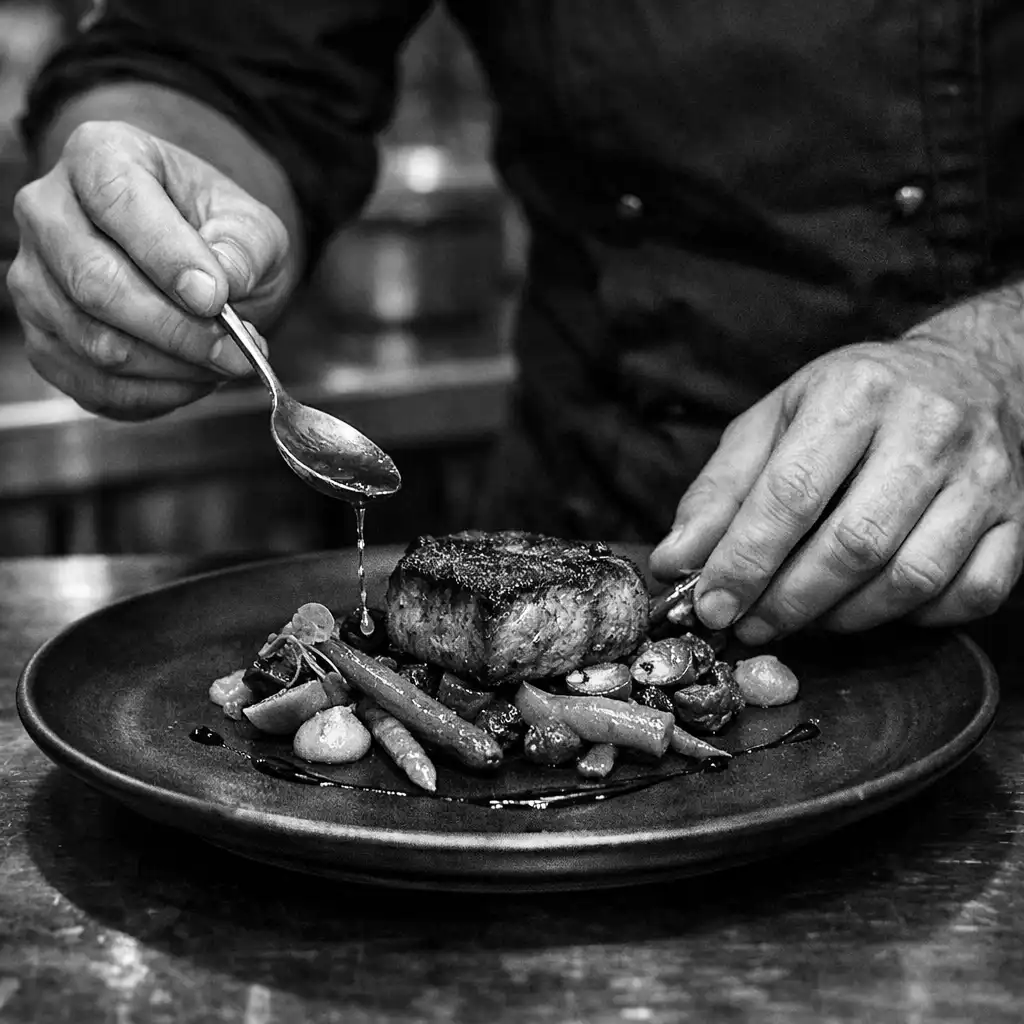 A chef plating a gourmet dish on a dark ceramic plate in a professional kitchen