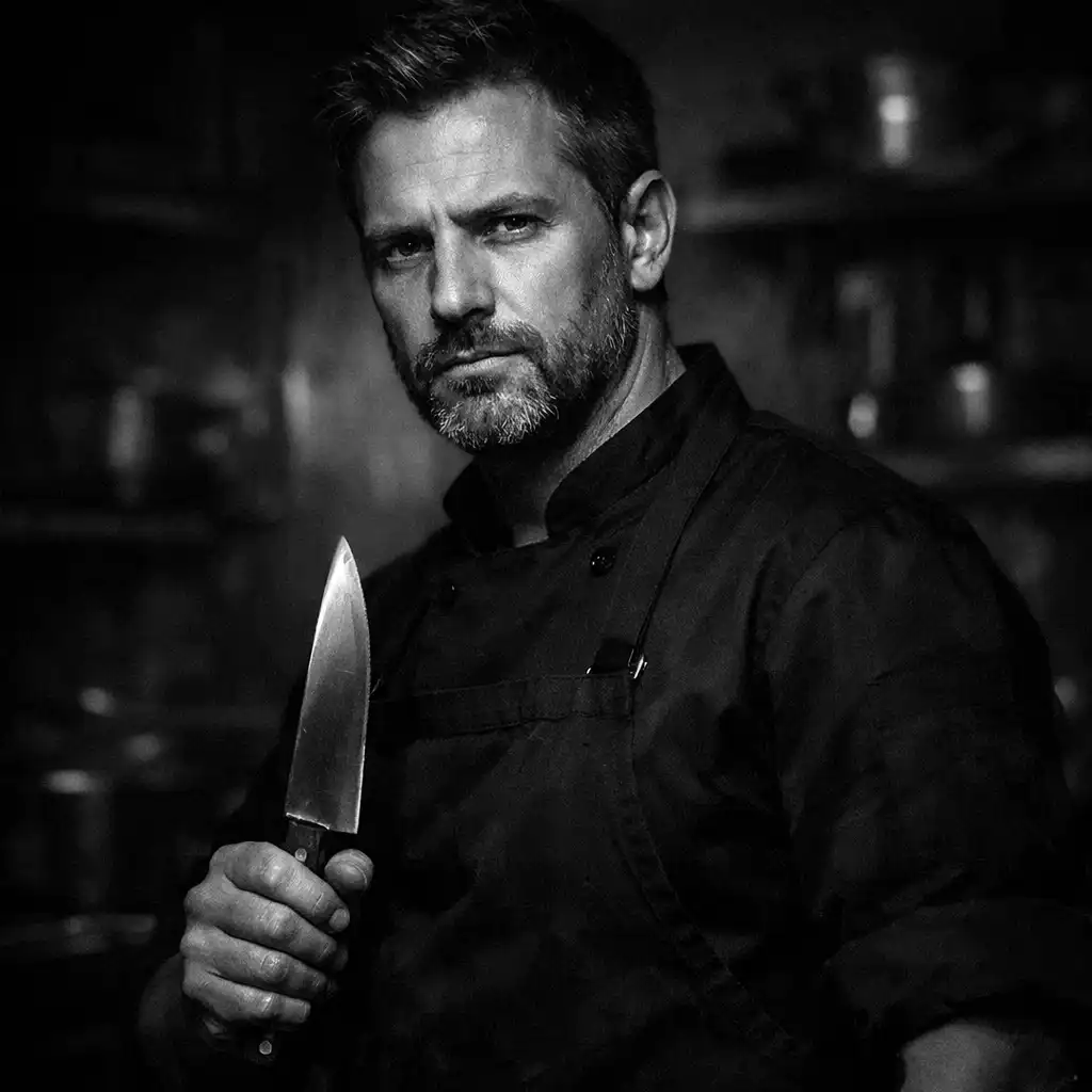 Portrait of Chef Morgan Vale in a dark kitchen wearing a black apron