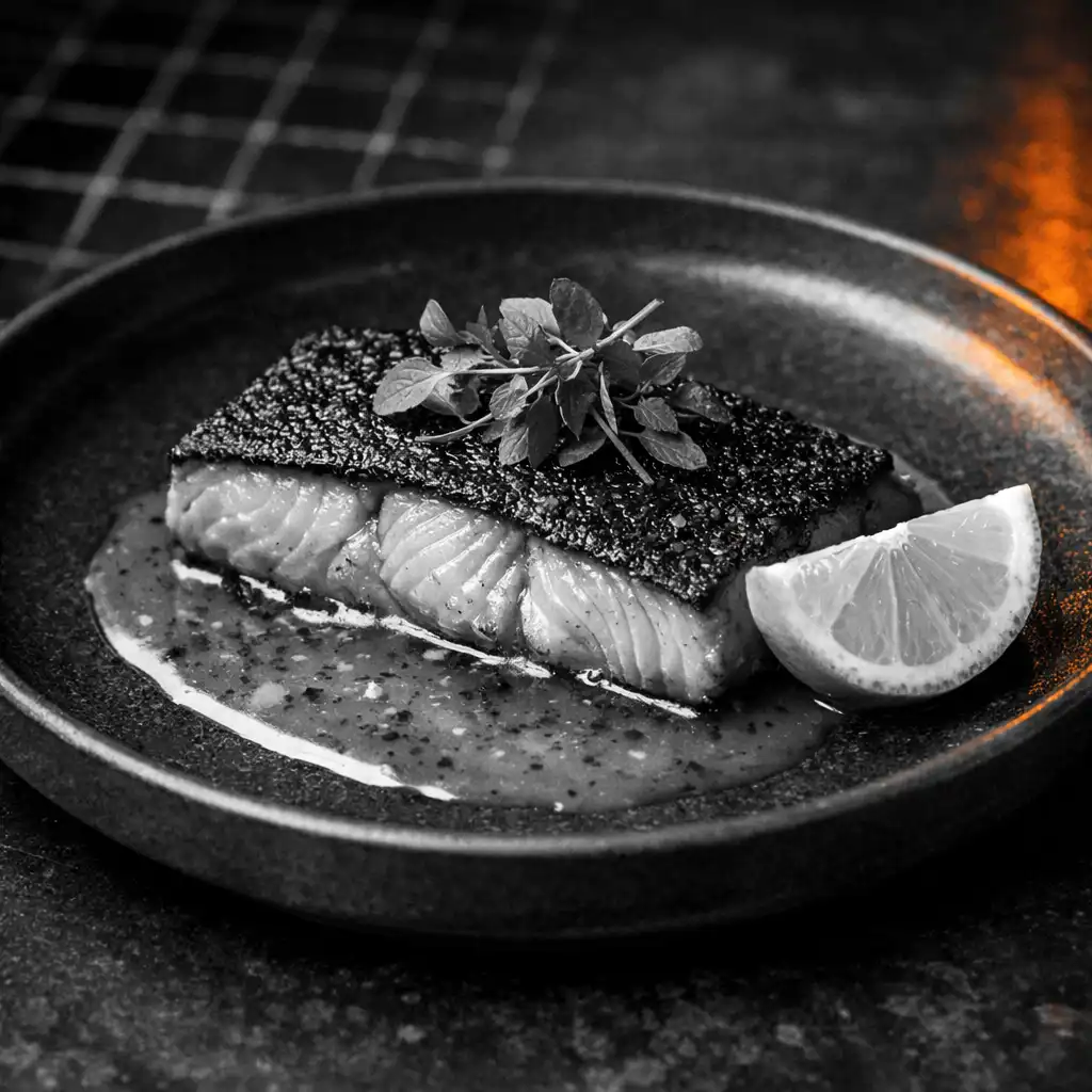 Smoked barramundi fillet with lemon myrtle butter sauce on a dark ceramic plate