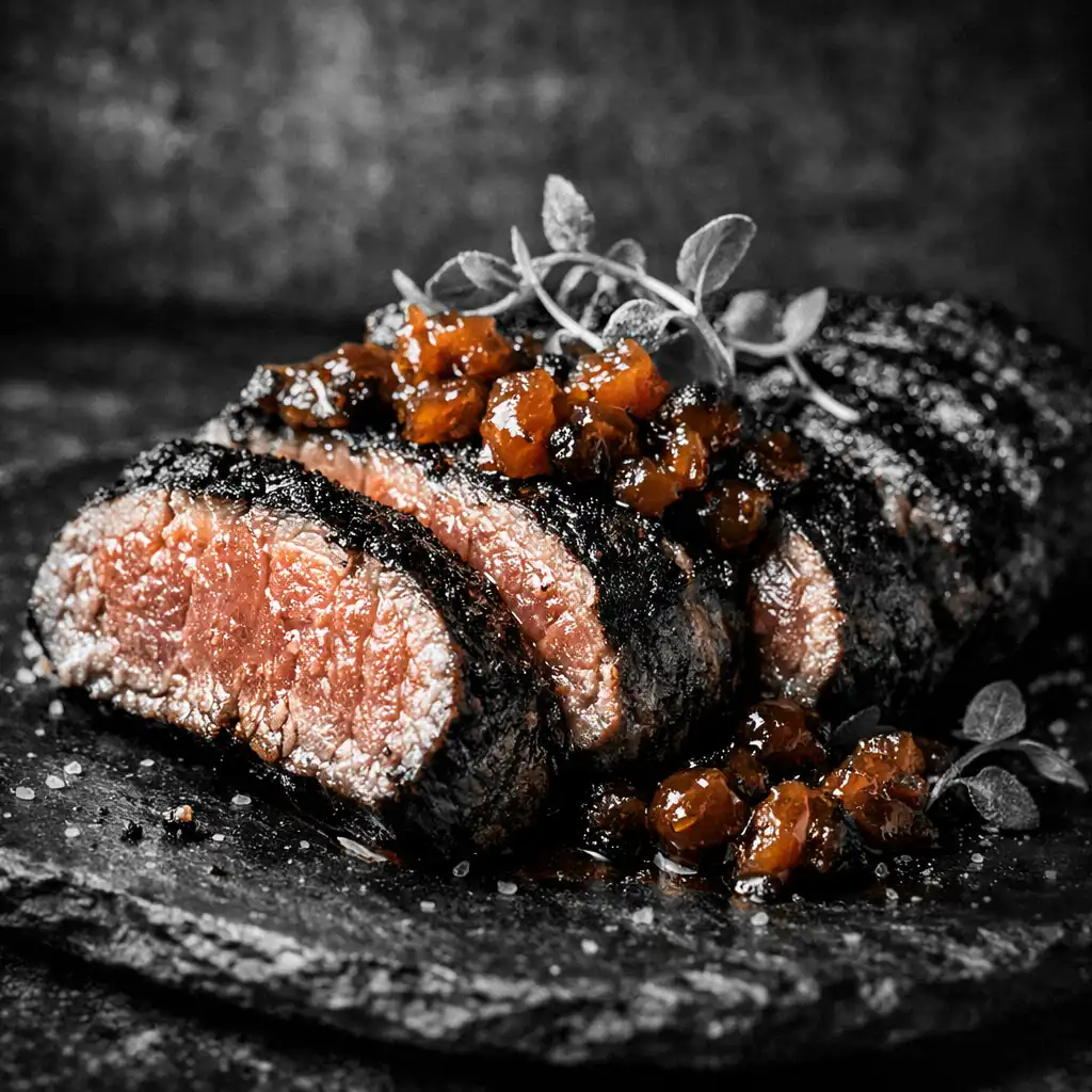 Sliced charred kangaroo loin with bush tomato chutney on a dark slate plate