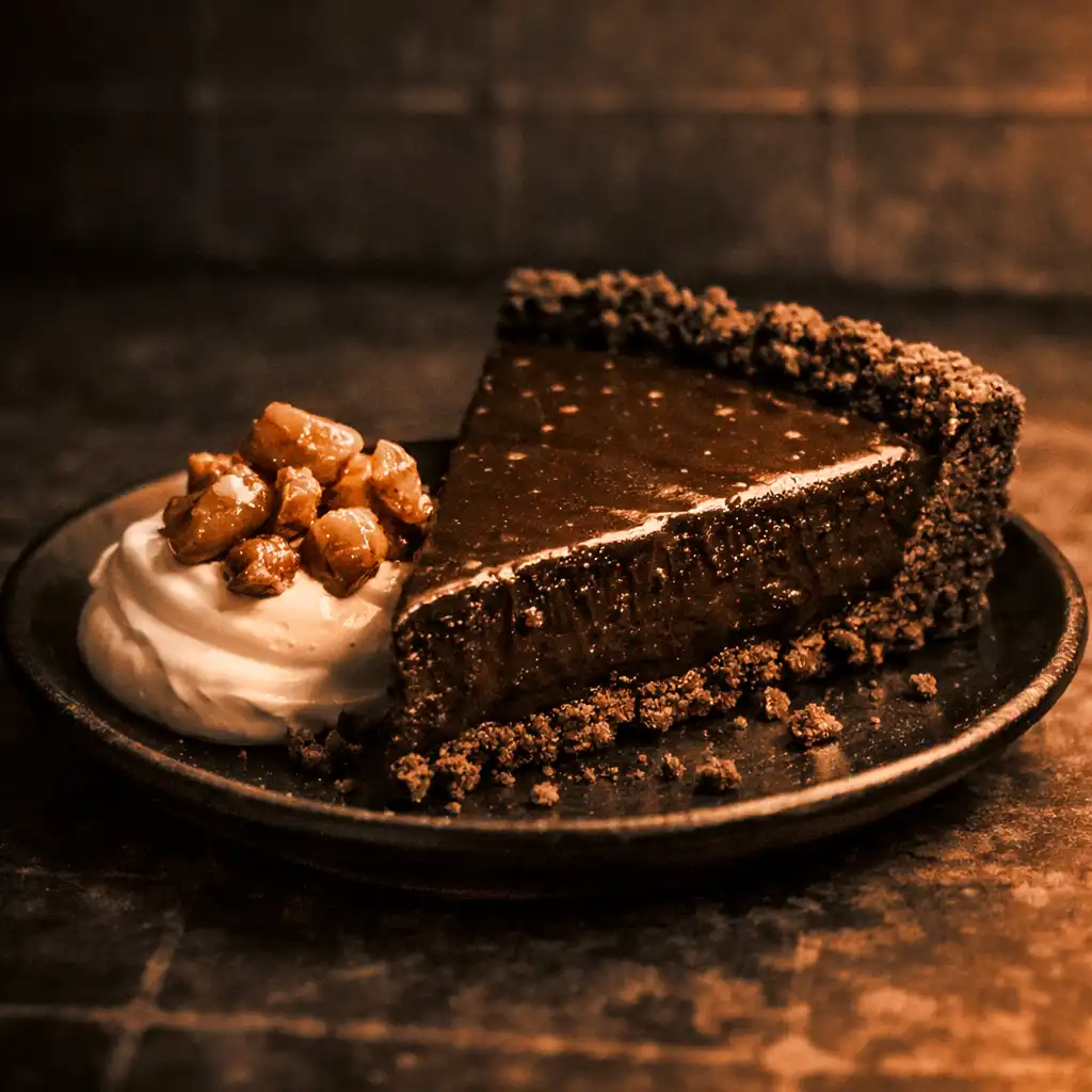 Slice of wattleseed chocolate tart with cream and macadamia praline on a dark plate