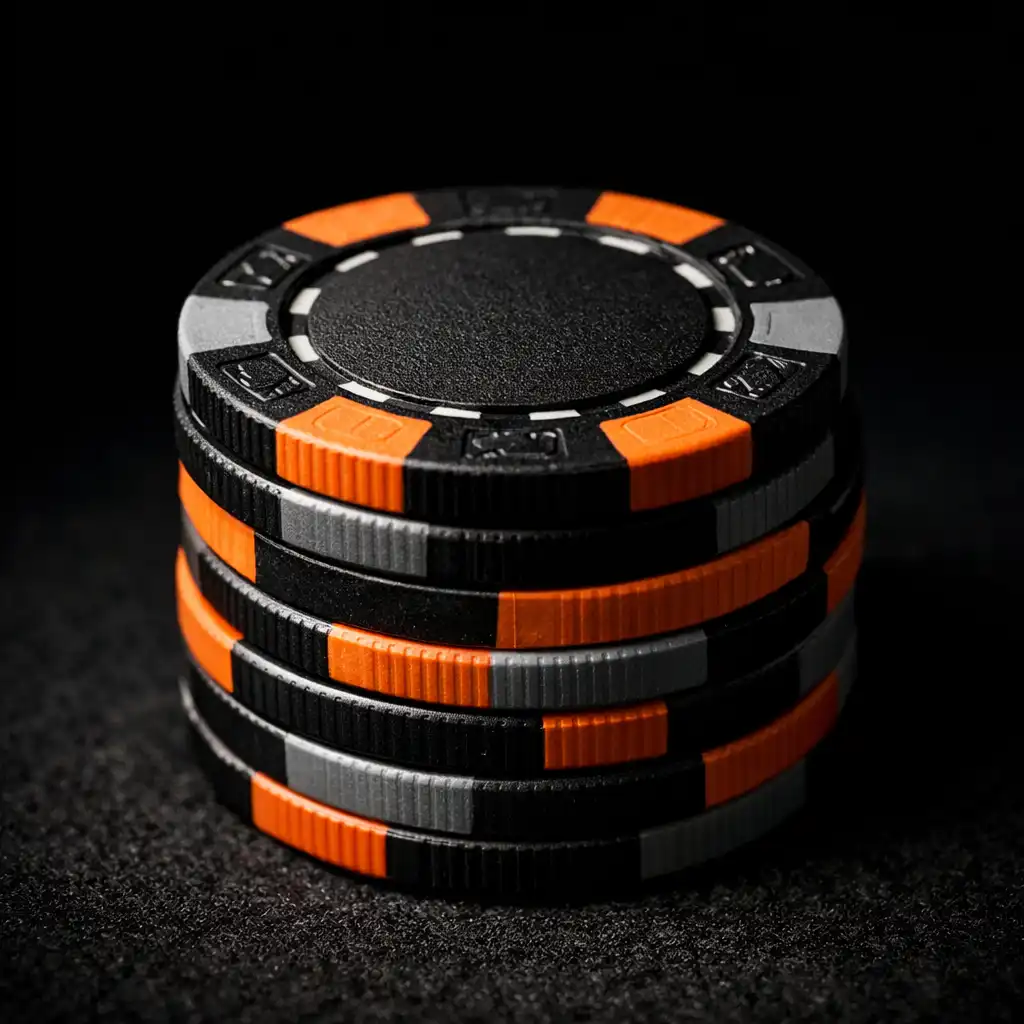 Macro shot of a stack of black, orange, and gray poker chips on dark felt