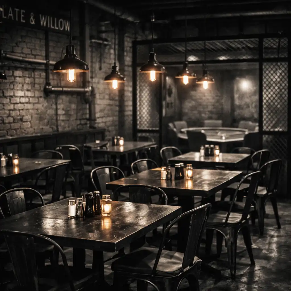 Restaurant dining area with dark wooden tables, metal chairs, exposed brick, and low orange pendant lights