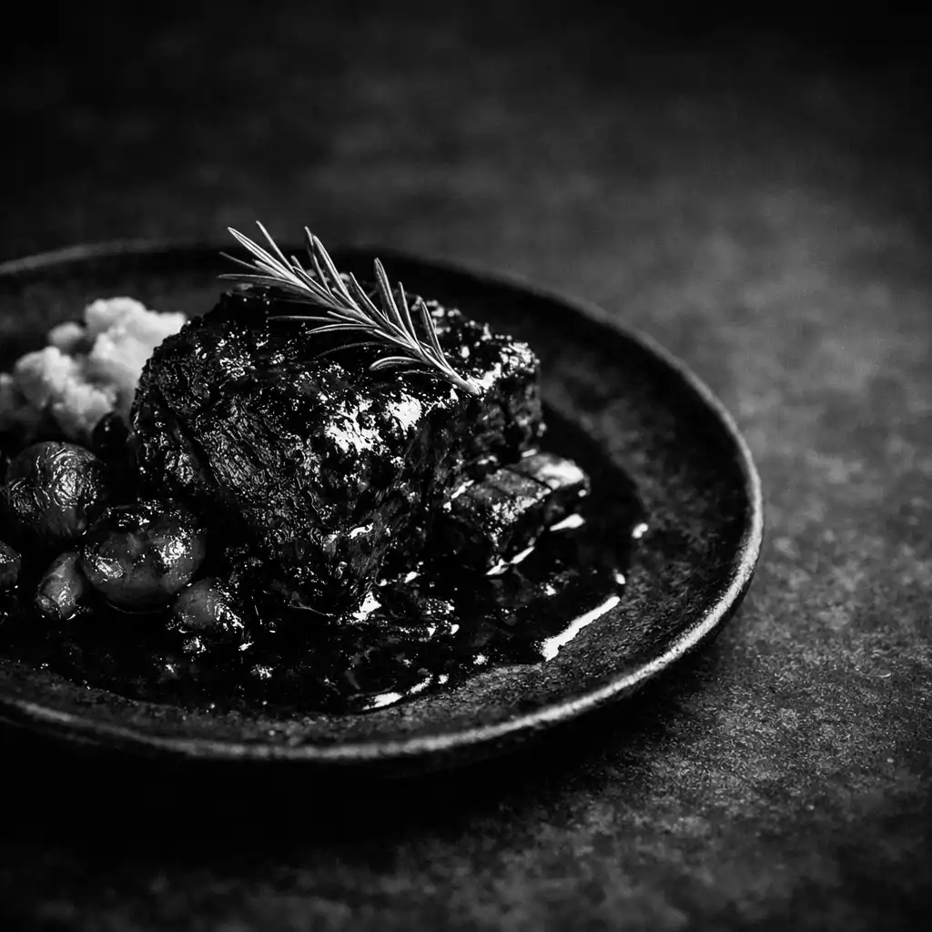 Slow-cooked beef short rib with red wine jus on a rustic dark plate