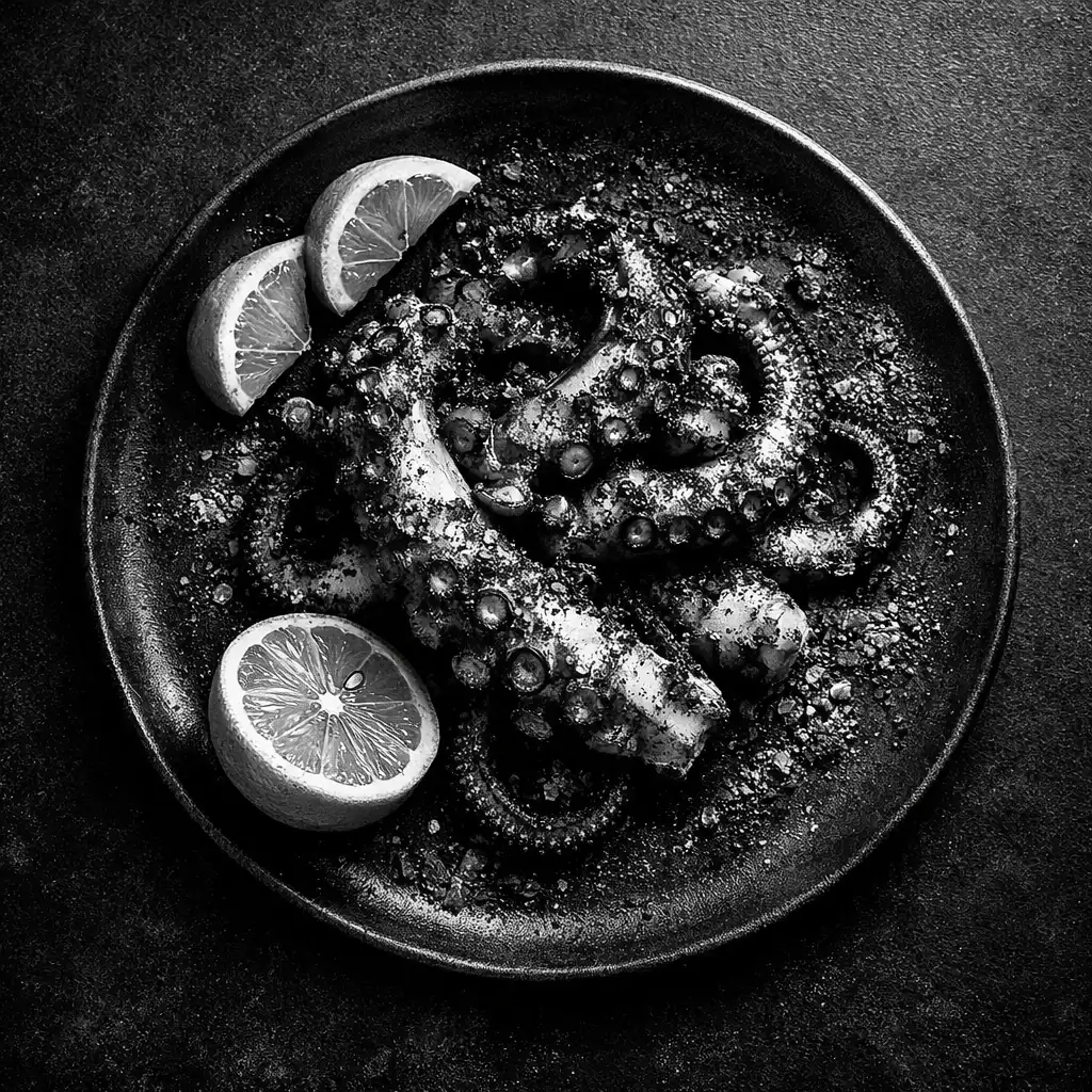 Charred octopus dish with smoked paprika and lemon on a dark ceramic plate