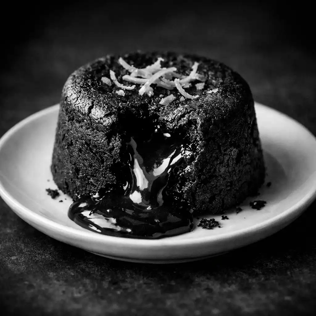 Dark chocolate fondant with orange zest and molten centre on a small plate