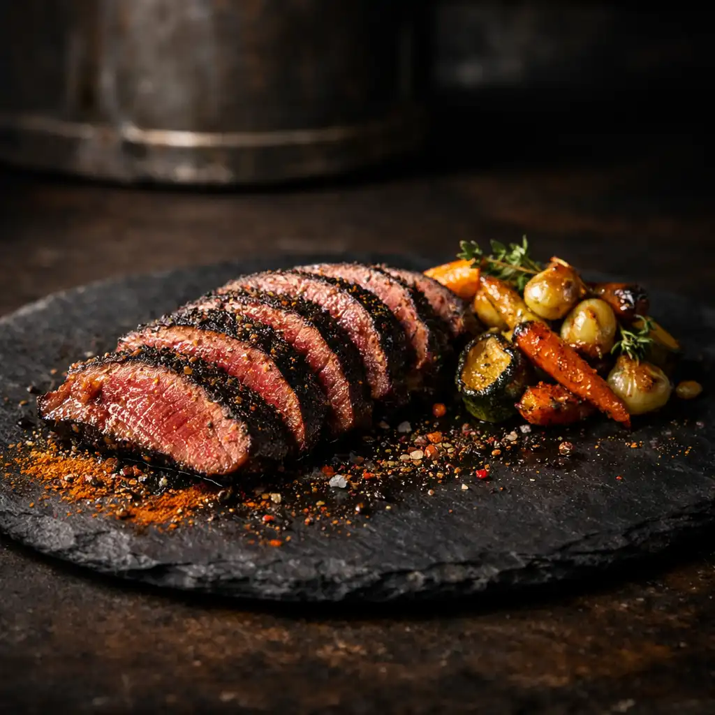 Charred kangaroo loin sliced and fanned on a dark slate plate with native spices