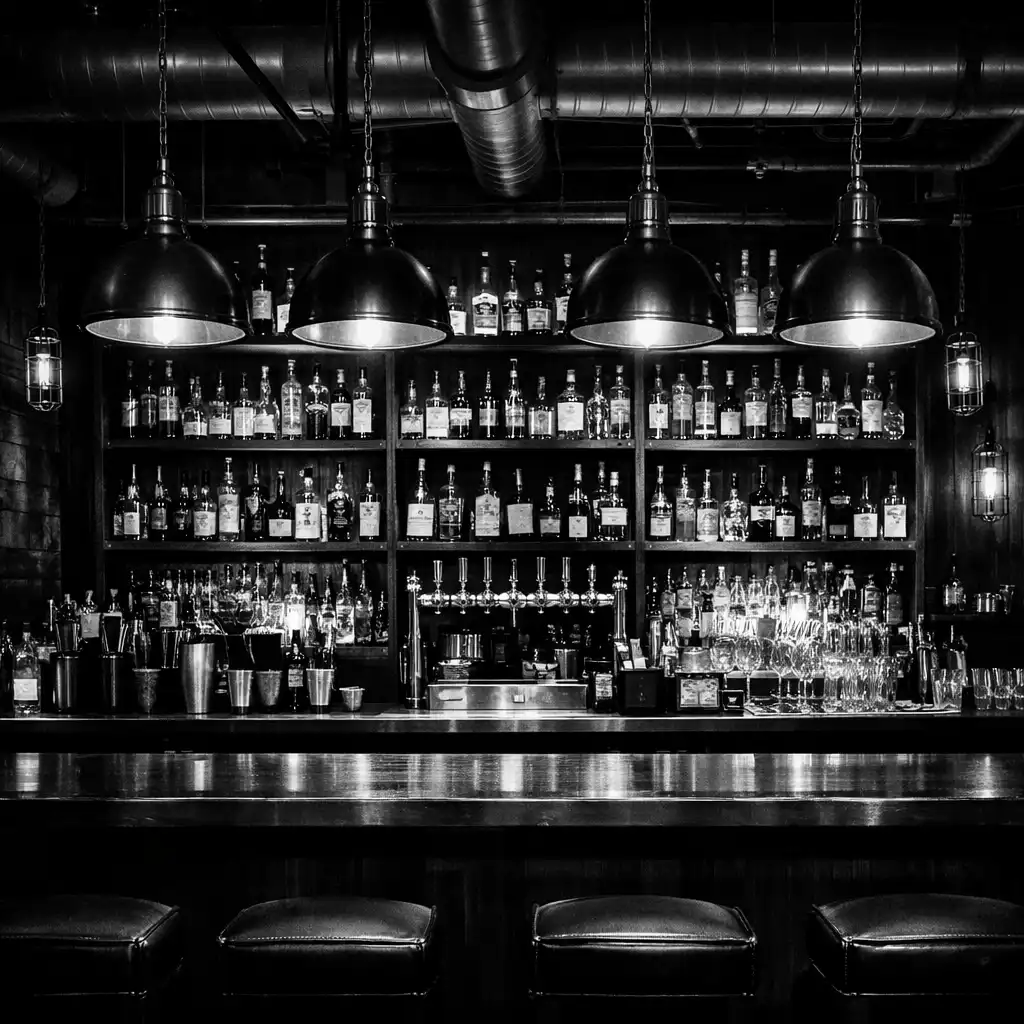 Interior of the Slate and Willoow bar area with shelves and industrial lighting