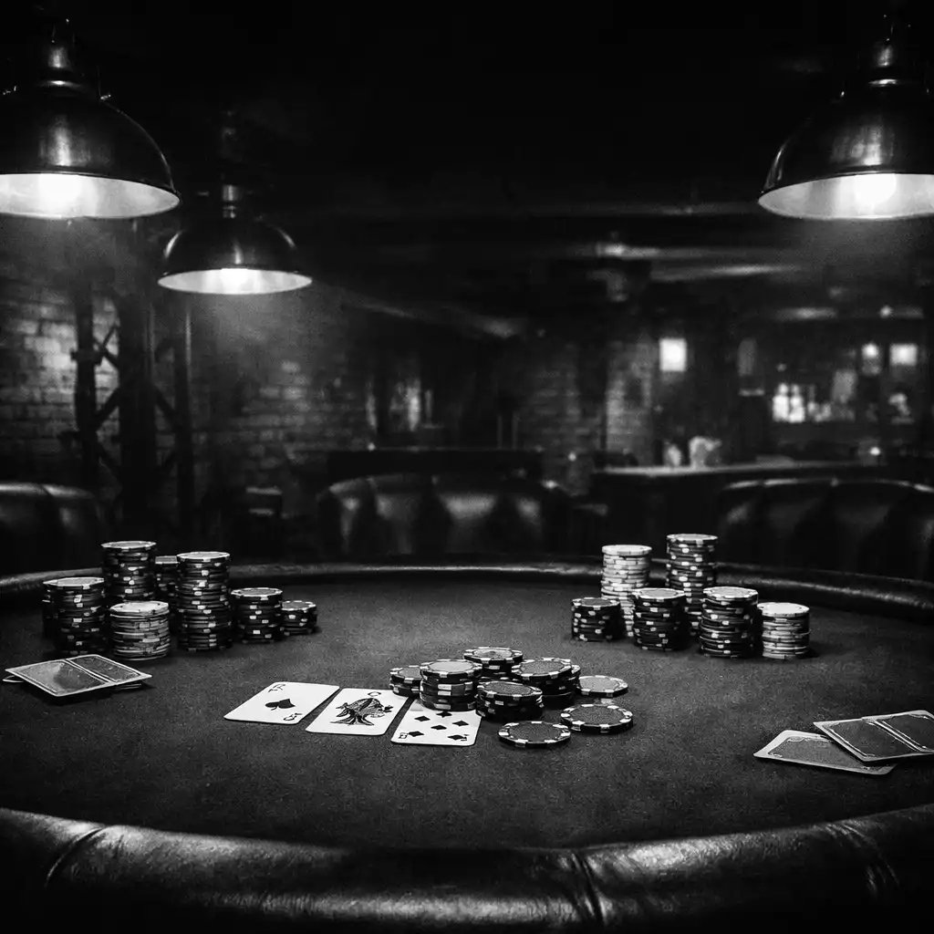 Wide view of a professional poker table in the dark industrial Slate and Willoow lounge