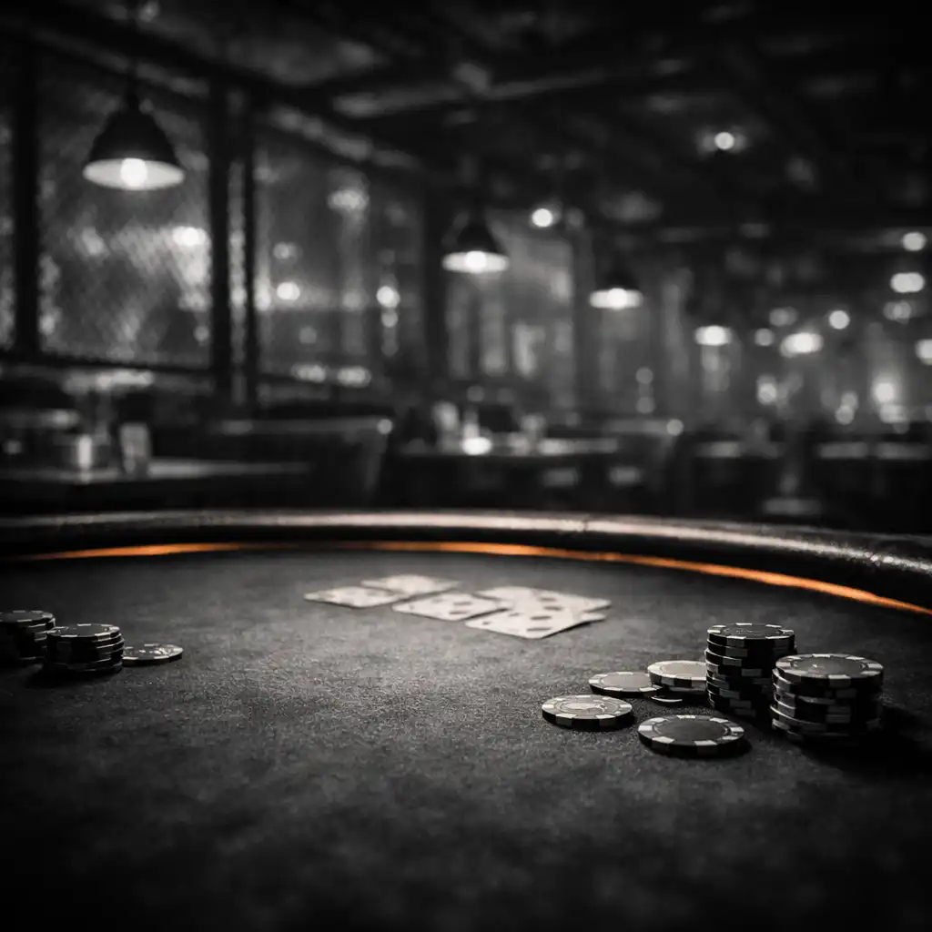 A poker table in a dark industrial restaurant with dim orange lighting and scattered chips