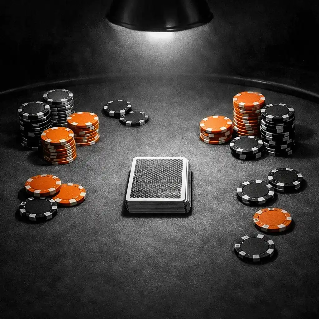 A top-down view of a poker table with green felt, poker chips, and a deck of cards
