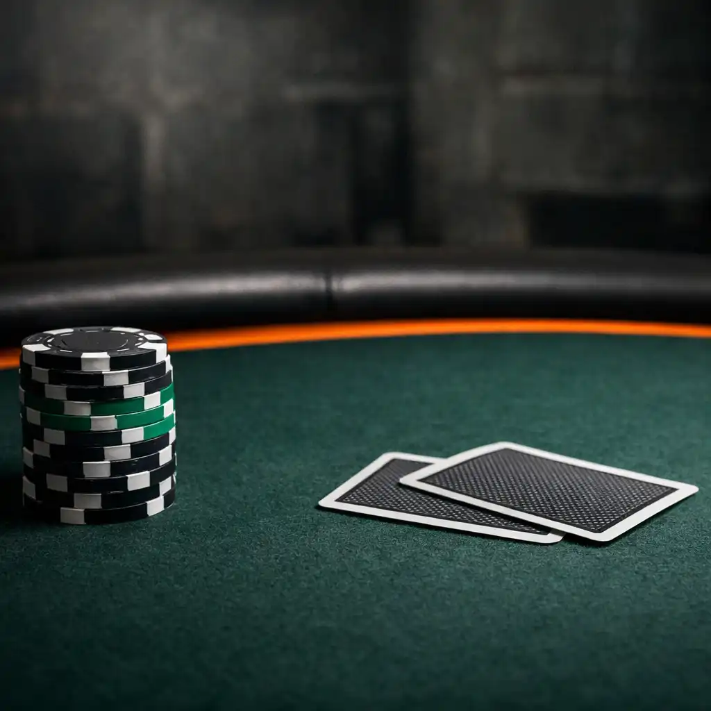 Close-up of a poker table with dark green felt, physical chip stacks, and an orange dealer rail