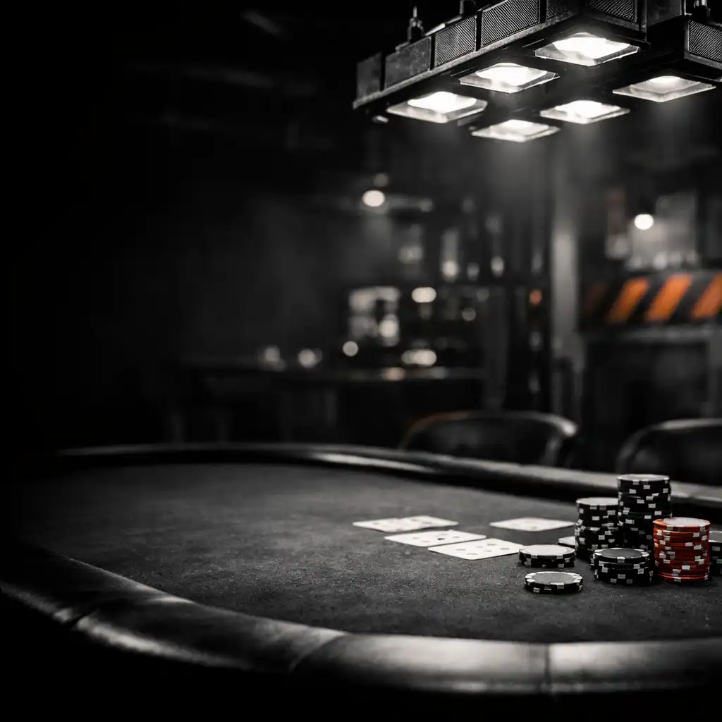 Dark industrial poker table with neatly stacked chips under focused lighting