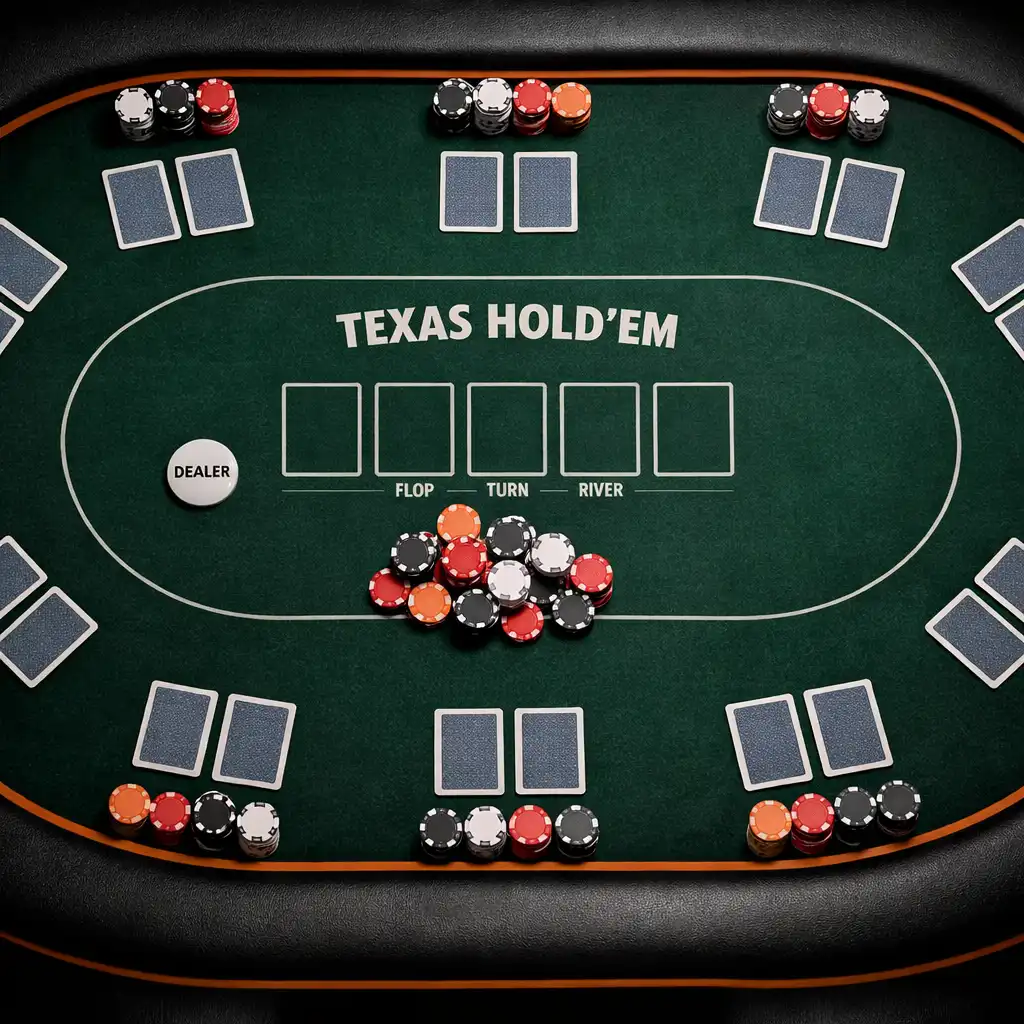 Top-down view of a Texas Hold'em poker table with cards and chips arranged neatly