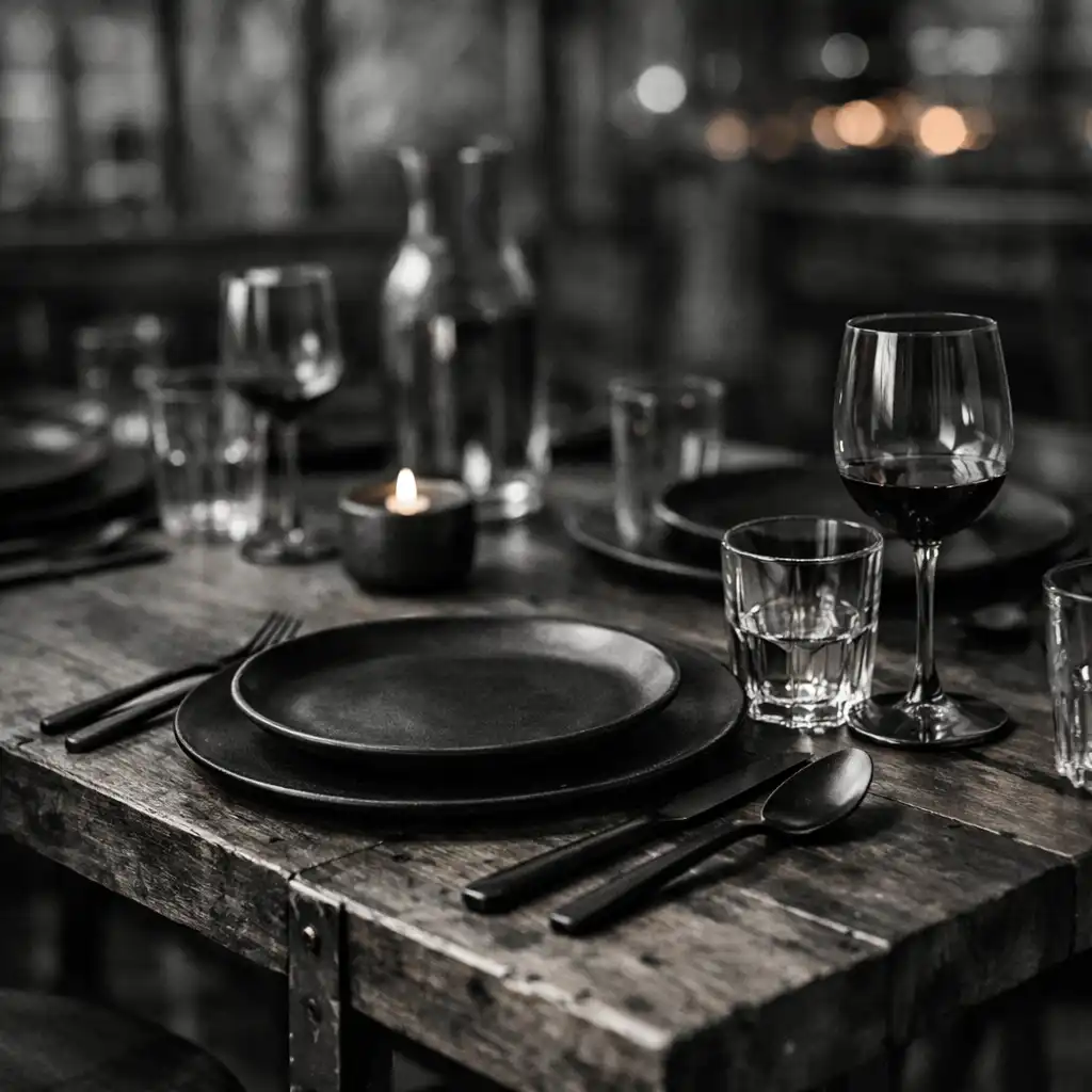 A private dining table set for a group with dark plates and matte black cutlery