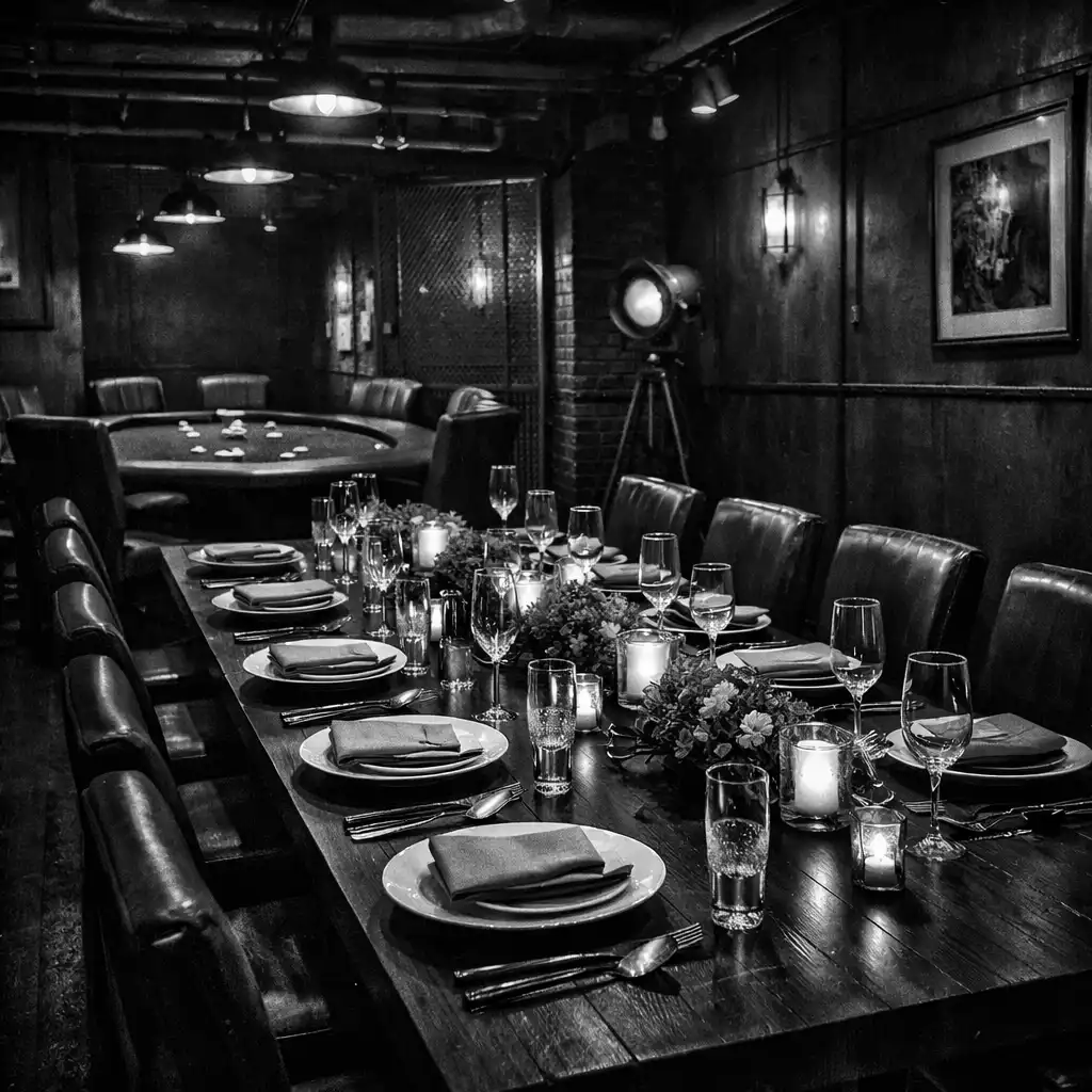 Private dining room at Slate and Willoow set for a group with a poker table visible in the background