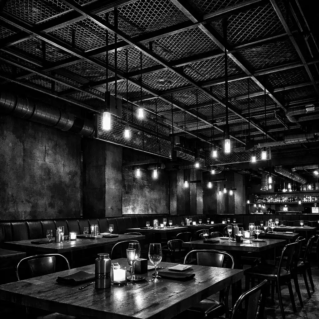 Interior of the dark industrial restaurant at Slate and Willoow with charcoal walls and moody orange accent lighting