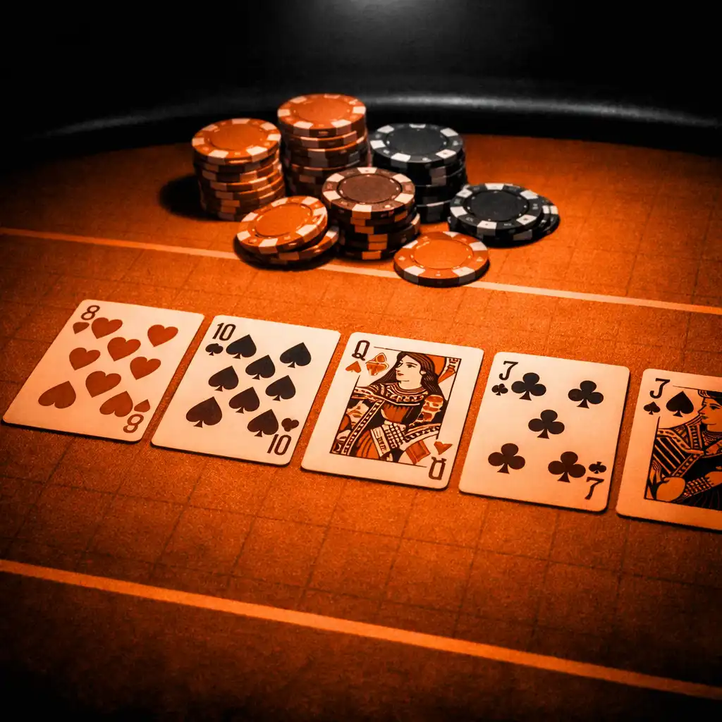 Close-up of a Texas Hold'em table with community cards face up